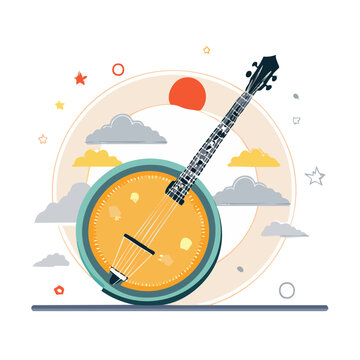 Flat vector illustration of a banjo with decorative background