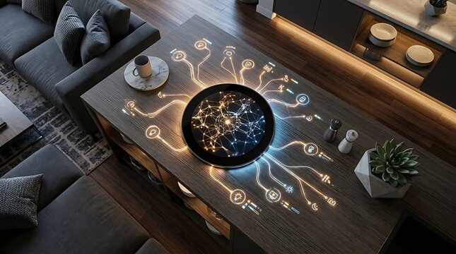 Smart home interface projected on a kitchen island table