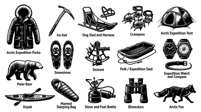 Arctic Expedition Gear and Wildlife - Black and White Line Art Icons