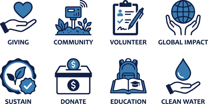 Set of blue linear icons for charity, philanthropy, environmental sustainability, community service, and social impact initiatives.