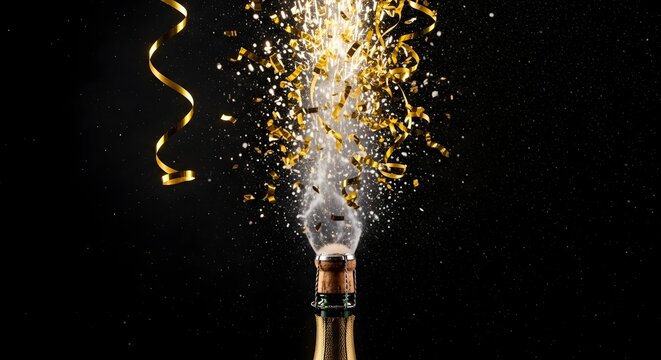 Festive champagne bottle popping explosion concept.