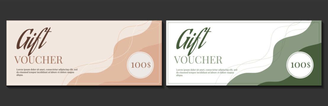 Gift voucher template set. Two horizontal elegant discount coupons with abstract green and pastel pink wave patterns. Modern minimalist vector layout for business, spa, or retail.