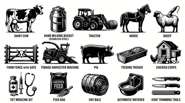 Vintage Farming and Livestock Vector Collection: Black  White Engraving Style Farm Animals, Equipment  Tools