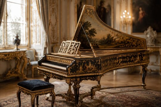 An ornate harpsichord in a palatial room bathed in soft light.