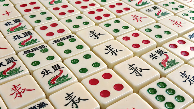 Traditional mahjong tiles arranged in an organized pattern with distinct symbols and characters