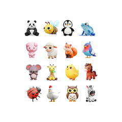 Cute 3D Cartoon Animal Icon Set Collection Isolated on Transparent Background PNG, Kawaii Baby Wildlife and Farm Animals, Colorful Character Clipart © Rose Graphics