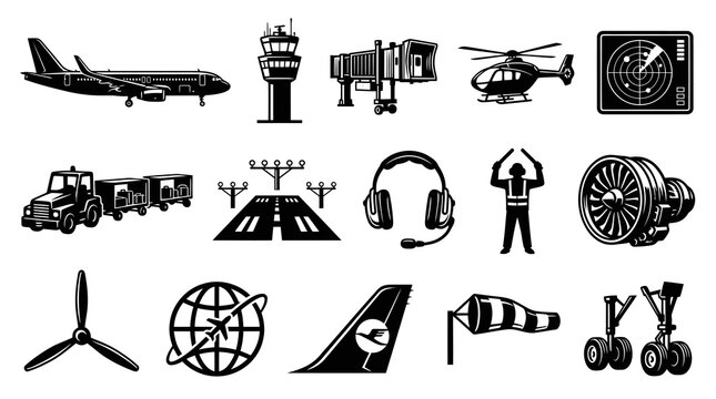 Airport Icons Set: Airplane, Helicopter, Radar, Jet Bridge, Control Tower, Black and White