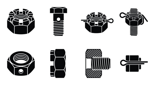 Technical icons of aerospace nuts, bolts, and cotter pins for engineering.