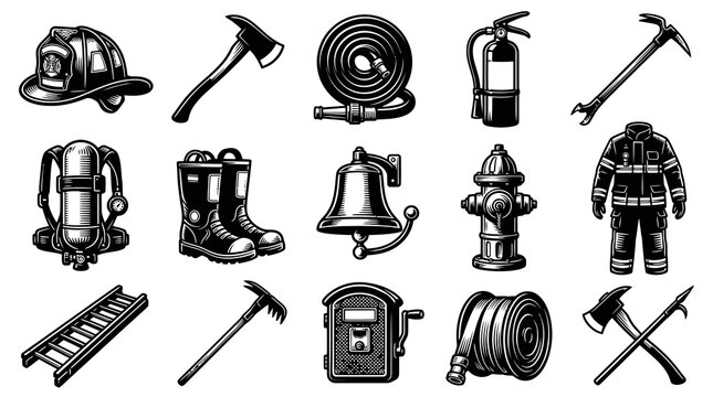 Firefighting Equipment and Tools Vector Set in Vintage Engraving Style - Public Safety  Emergency Services