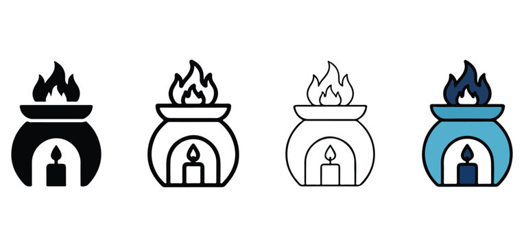  fireplace with a candle inside burning flames on top  isolated on white background