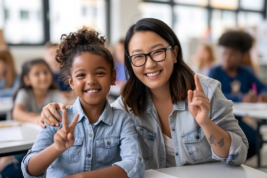 Medium shot of Asian female teacher using sign language with young deaf girl age 7 in inclusive classroom. Both smiling warmly. Sign language education, accessible communication concept.