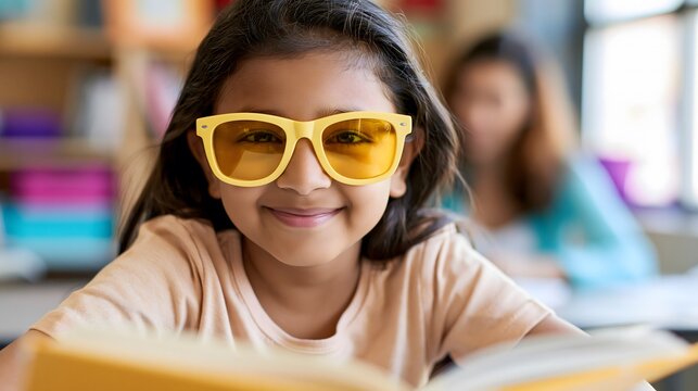 Close-up portrait of South Asian girl age 8 wearing bright yellow glasses reading book in bright elementary classroom. Inclusive education, visual learning support concept.