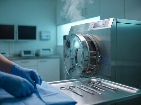 Medical autoclave steam sterilization in a hospital operating room