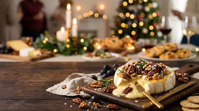 Baked brie cheese with pecans and honey on a festive holiday table