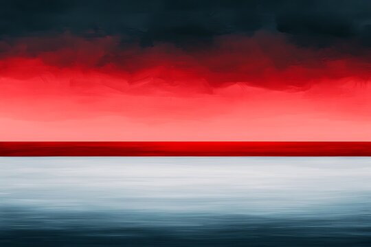 Abstract landscape with vibrant red and dark clouds above a calm reflective body of water