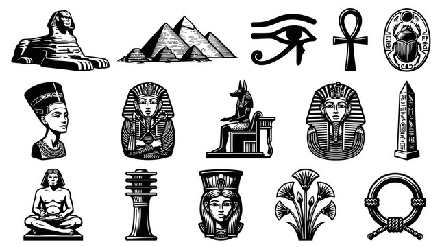 Ancient Egypt Mythology and Culture Black and White Line Art Icon Set with Symbols and Monuments