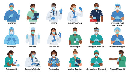 Fototapeta premium Diverse healthcare professionals wearing masks and personal protective equipment, showcasing medical expertise and dedication across various specialties in a bright, clean, flat design.