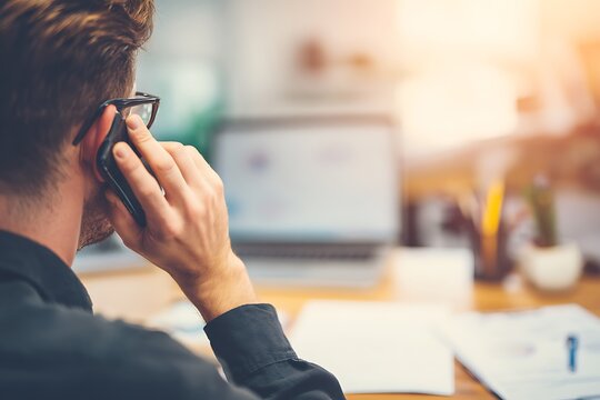 Man in glasses on phone in office, back view, bright light.