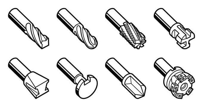 Various milling machine end mill cutters tool set line art illustrations