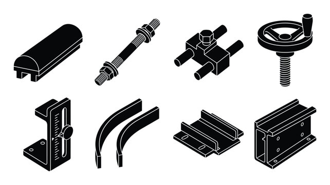 Vector set of industrial guide rails, clamps, fasteners, and machine elements.
