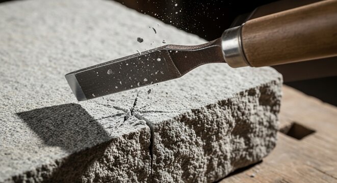 Chisel striking concrete block with flying debris and dust