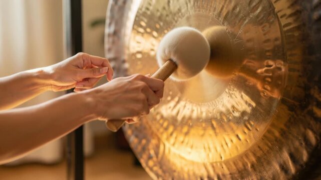 Close up of person playing a large golden gong with mallet in a serene indoor setting