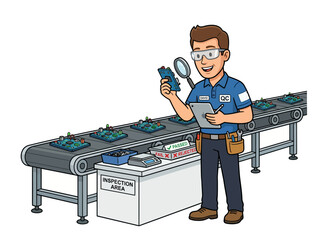 Quality control inspector checking electronic circuit boards with a magnifying glass on a factory conveyor line vector illustration
