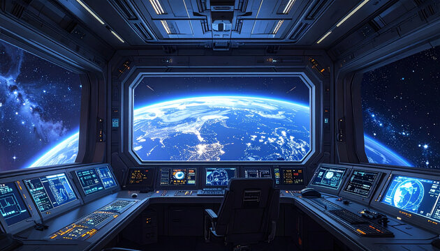 Space Station Control Room with Earth View from Space