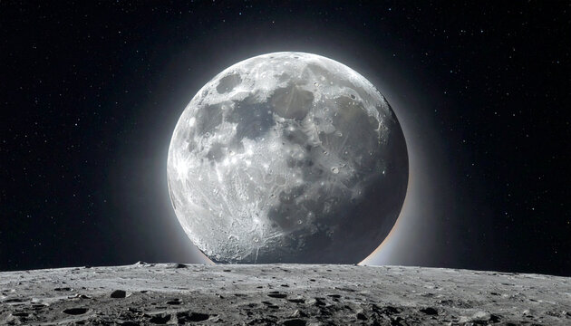 Large moon rising over lunar surface in space