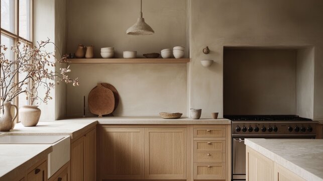 Japandi kitchen, light oak cabinetry, handmade ceramics, calming neutral tones generative ai