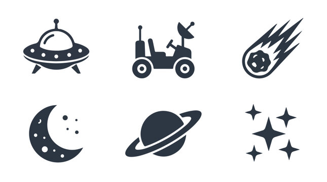 Collection of simple flat icons representing space exploration, including a UFO, rover, comet, moon, planet, and stars