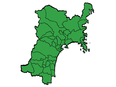 宮城県地図 市町村区分 緑色 筆タッチ 和風 東日本 / A brushstroke map of Miyagi Prefecture / green