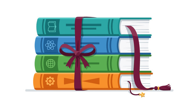 Stack of four colorful hardcover books tied with a burgundy ribbon and bow, featuring educational symbols, presented as a gift of knowledge.