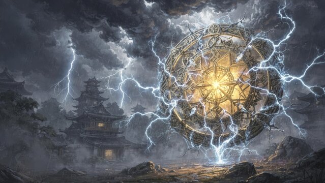 Wrath of Raijin &mdash; Magic Circle Altar Fantasy Game Concept Art, Cinematic Key Visual｜雷神の怒り &mdash; 魔法陣の祭壇 ファンタジーゲームコンセプトアート 和風幻想