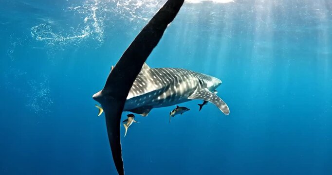 Whale shark swimming with remora fish in sunny blue ocean.