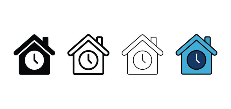 house icons with clocks on the wall inside  different colors and styles  home and time concept