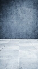 Fototapeta premium Modern, Minimalist Blue Wall with White Tile Floor, Empty Space for Display or Background Use