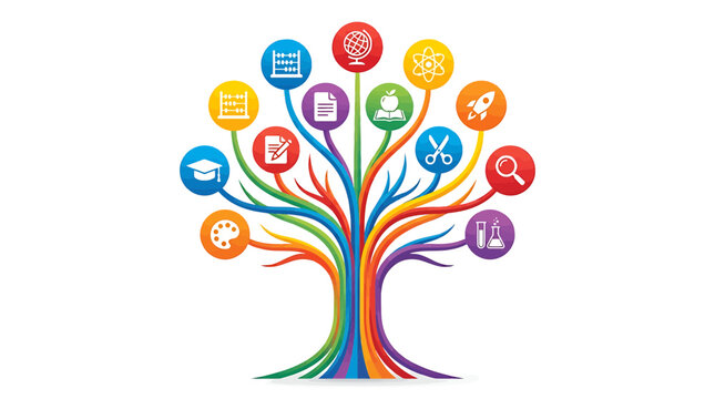 Abstract tree of knowledge with colorful educational icons and symbols