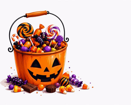 Colorful Halloween Candy Collection Flat Illustration with Trick or Treat Bucket