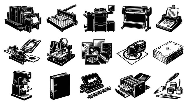 Print Shop and Graphic Design Industry Equipment, Tools, Supplies Black and White Vector Illustrations Set