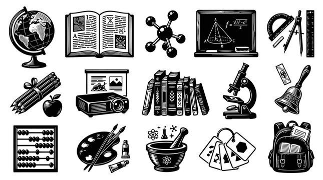 Education School Supplies and Academic Tools in Black and White Engraving Style Line Art Set