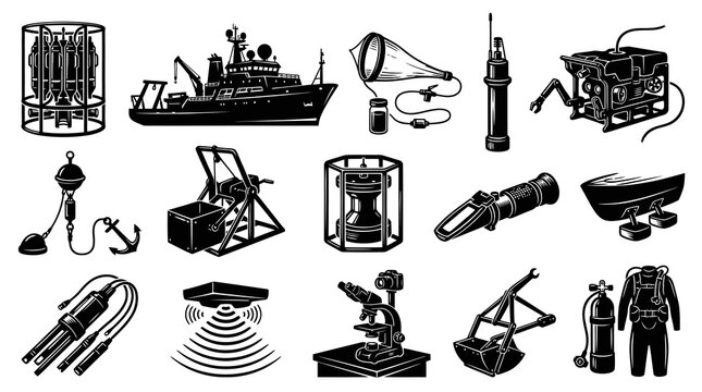 Marine Science Research Equipment Glyph Icons Set - Oceanography Tools, Diving Gear, and Vessels Vector Collection