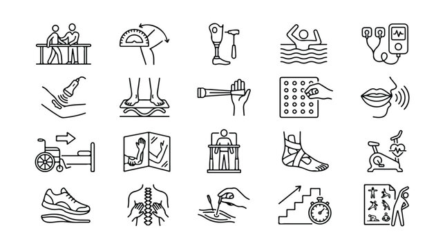 Physical therapy and rehabilitation line icons, a comprehensive vector collection for medical and healthcare design. Physiotherapy, recovery, and orthopedic treatment symbols for clinics and