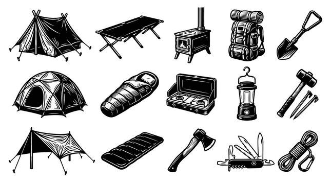 Camping Gear Vector Icons: Tent, Backpack, Stove, Knife, Rope  More - Line Art