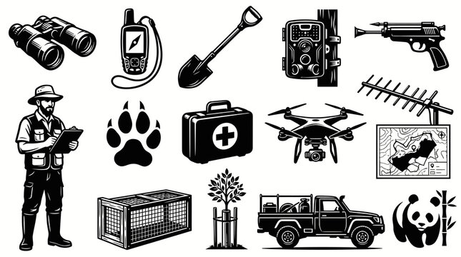 Wildlife Conservation, Park Ranger Tools, and Ecology Equipment Black  White Vector Icons