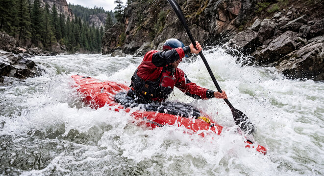 White Water Kayaking Thrill: A kayaker navigates a powerful rapid, skillfully maneuvering their boat through turbulent white water surrounded by rugged, tree-lined canyon walls.