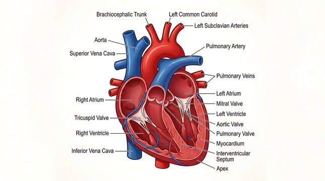 Anatomical Diagram of the Human Heart with Labeled Vessels