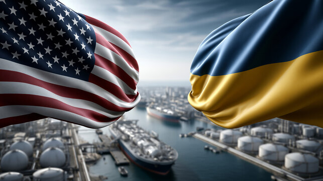Flags of the united states and ukraine waving over a maritime port with cargo ships and storage tanks