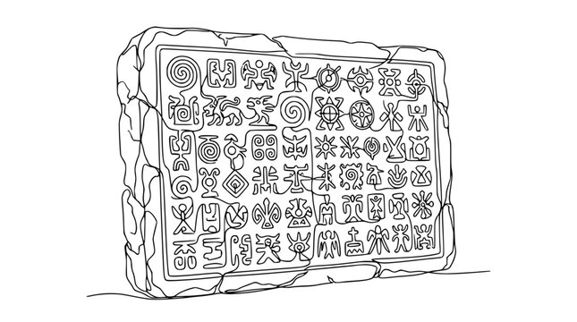 Ancient stone tablet with mysterious petroglyphs, ancient writing, carved symbols, archaeological find