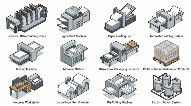 Collection of isometric illustrations depicting various printing and packaging industry machines and equipment.